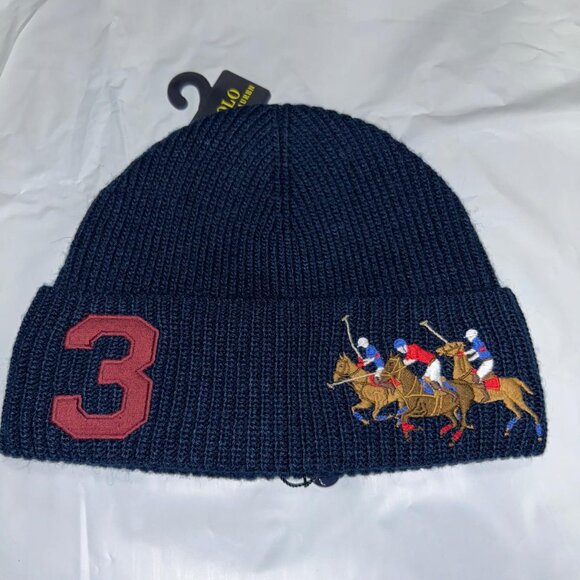 Polo Ralph lauren Beanie Hat triple Pony NAVYBLUE BLACK Men's - Picture 1 of 1